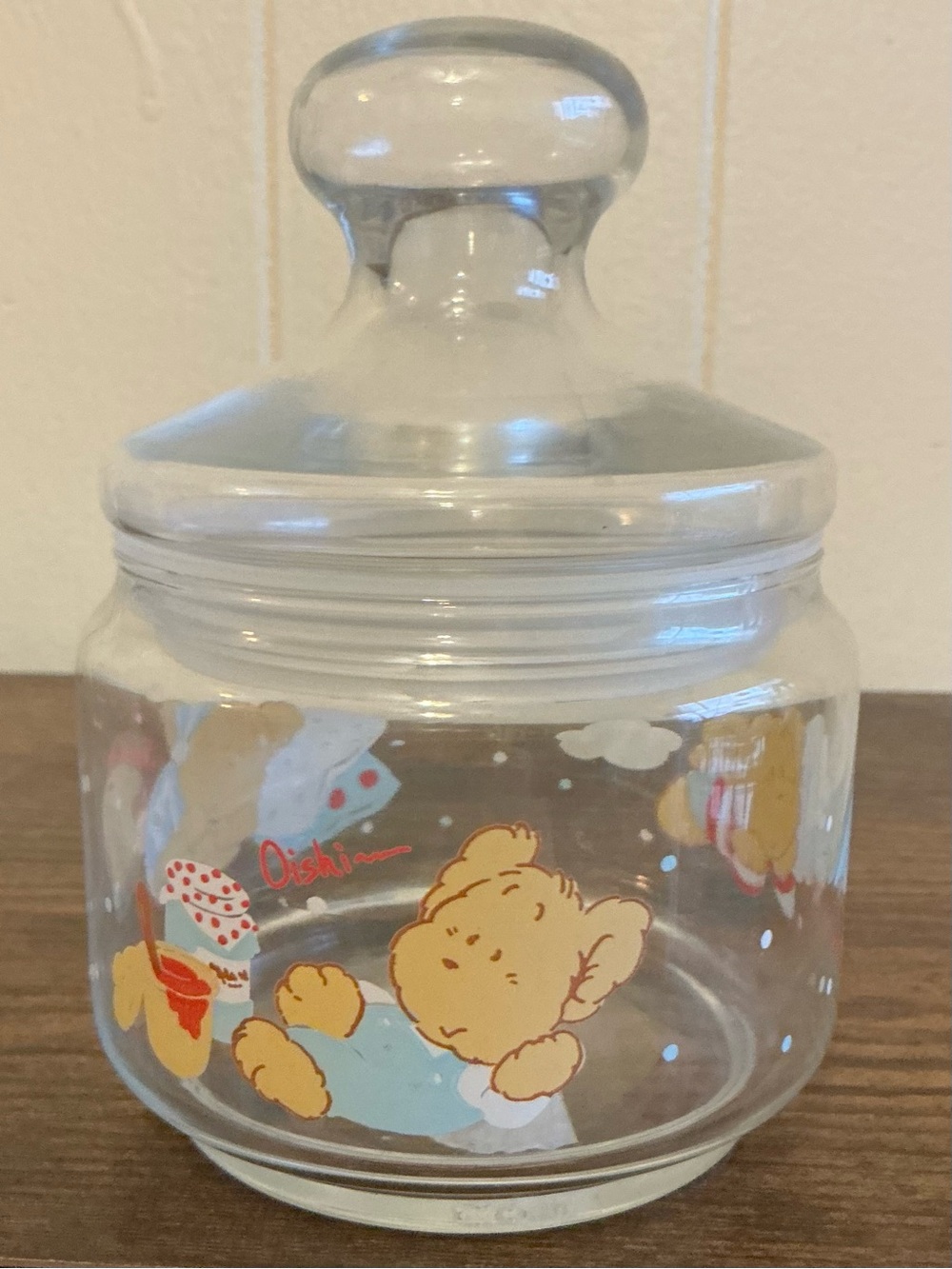 A Rare HTF From Japan Vintage Glass Teddy Bear Oishi Jar